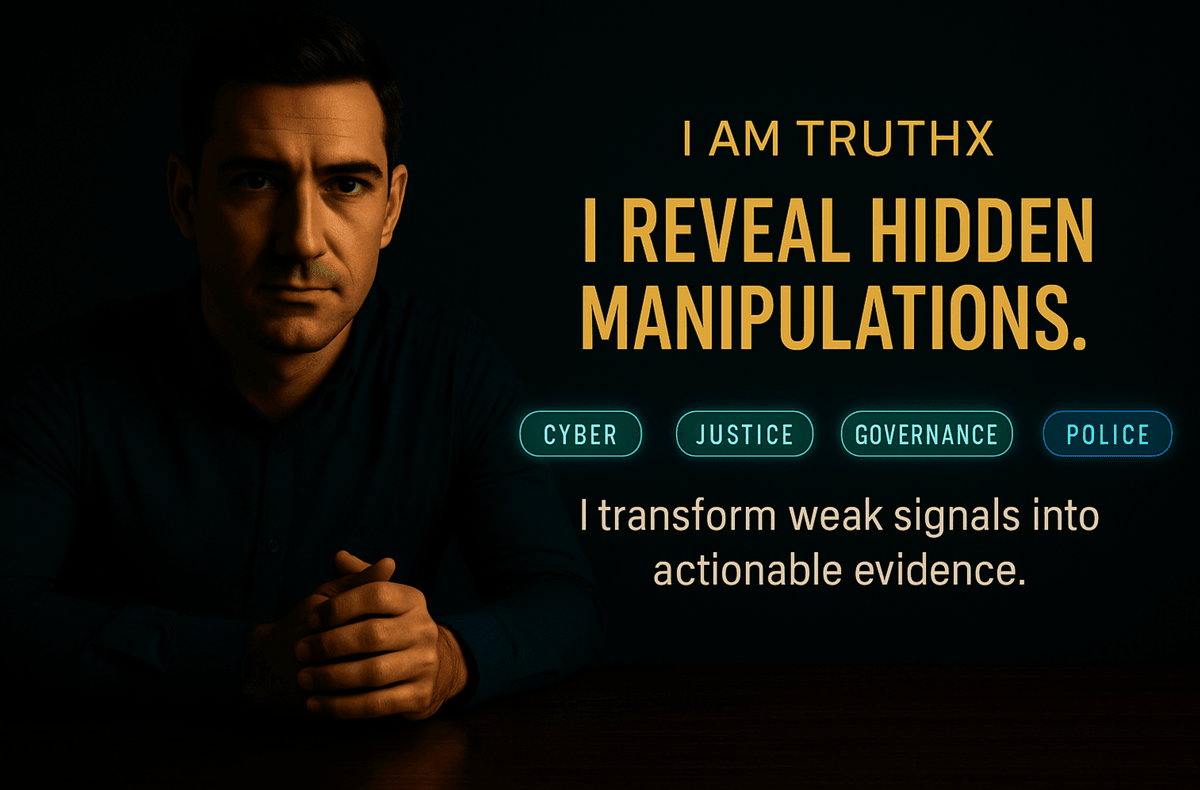 A serious man sits at a desk in a dark, cinematic setting with golden text reading “I AM TRUTHX – I REVEAL HIDDEN MANIPULATIONS.” Four glowing chips labeled “CYBER,” “JUSTICE,” “GOVERNANCE,” and “POLICE” appear below, followed by the subtitle “I transform weak signals into actionable evidence.” The image reflects TruthX’s forensic and analytical identity. A serious man sits at a desk in a dark, cinematic setting with golden text reading “I AM TRUTHX – I REVEAL HIDDEN MANIPULATIONS.” Four glowing chips labeled “CYBER,” “JUSTICE,” “GOVERNANCE,” and “POLICE” appear below, followed by the subtitle “I transform weak signals into actionable evidence.” The image reflects TruthX’s forensic and analytical identity.