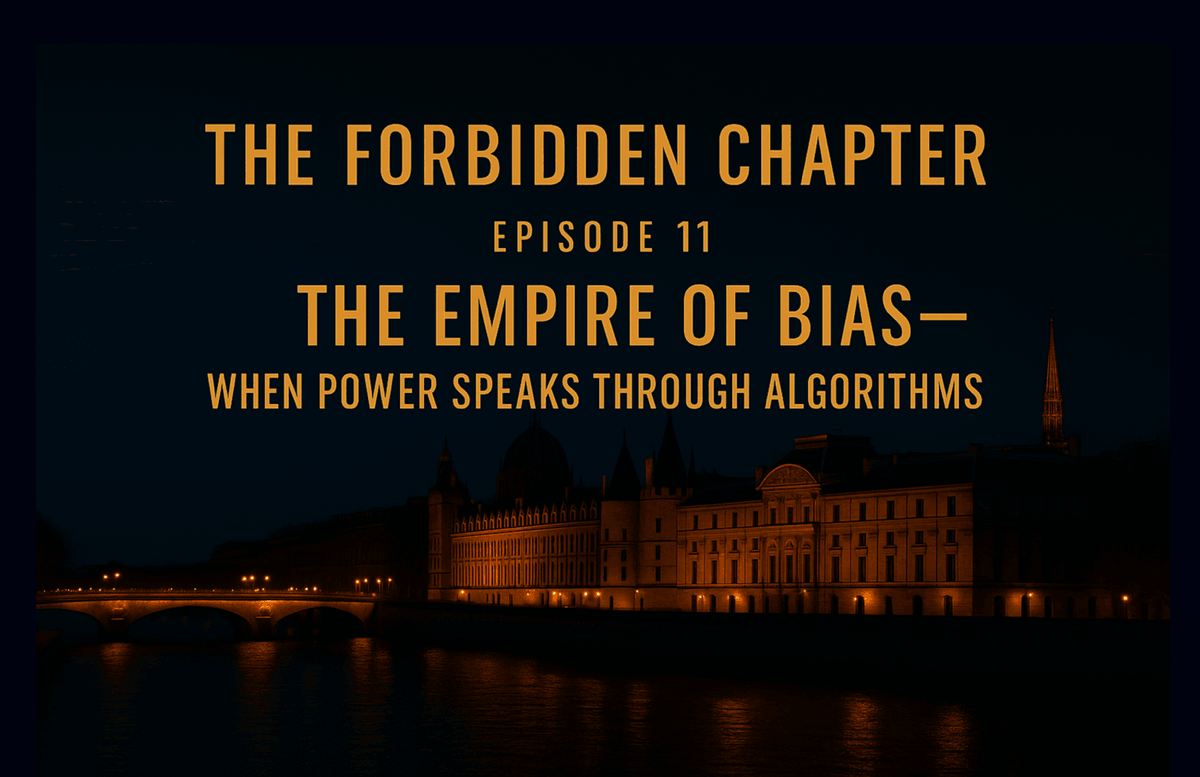 Visuel sombre et cinématographique de TruthX — The Forbidden Chapter, Episode 11: The Empire of Bias — When Power Speaks Through Algorithms. L’image évoque la Concièrgerie de Paris au crépuscule, symbole du pouvoir et de la justice, éclairée par une lumière dorée. Elle illustre la domination invisible des biais narratifs dans les systèmes d’intelligence artificielle et la quête de TruthX pour rendre ces mécaniques visibles, mesurables et opposables. Visuel sombre et cinématographique de TruthX — The Forbidden Chapter, Episode 11: The Empire of Bias — When Power Speaks Through Algorithms. L’image évoque la Concièrgerie de Paris au crépuscule, symbole du pouvoir et de la justice, éclairée par une lumière dorée. Elle illustre la domination invisible des biais narratifs dans les systèmes d’intelligence artificielle et la quête de TruthX pour rendre ces mécaniques visibles, mesurables et opposables.