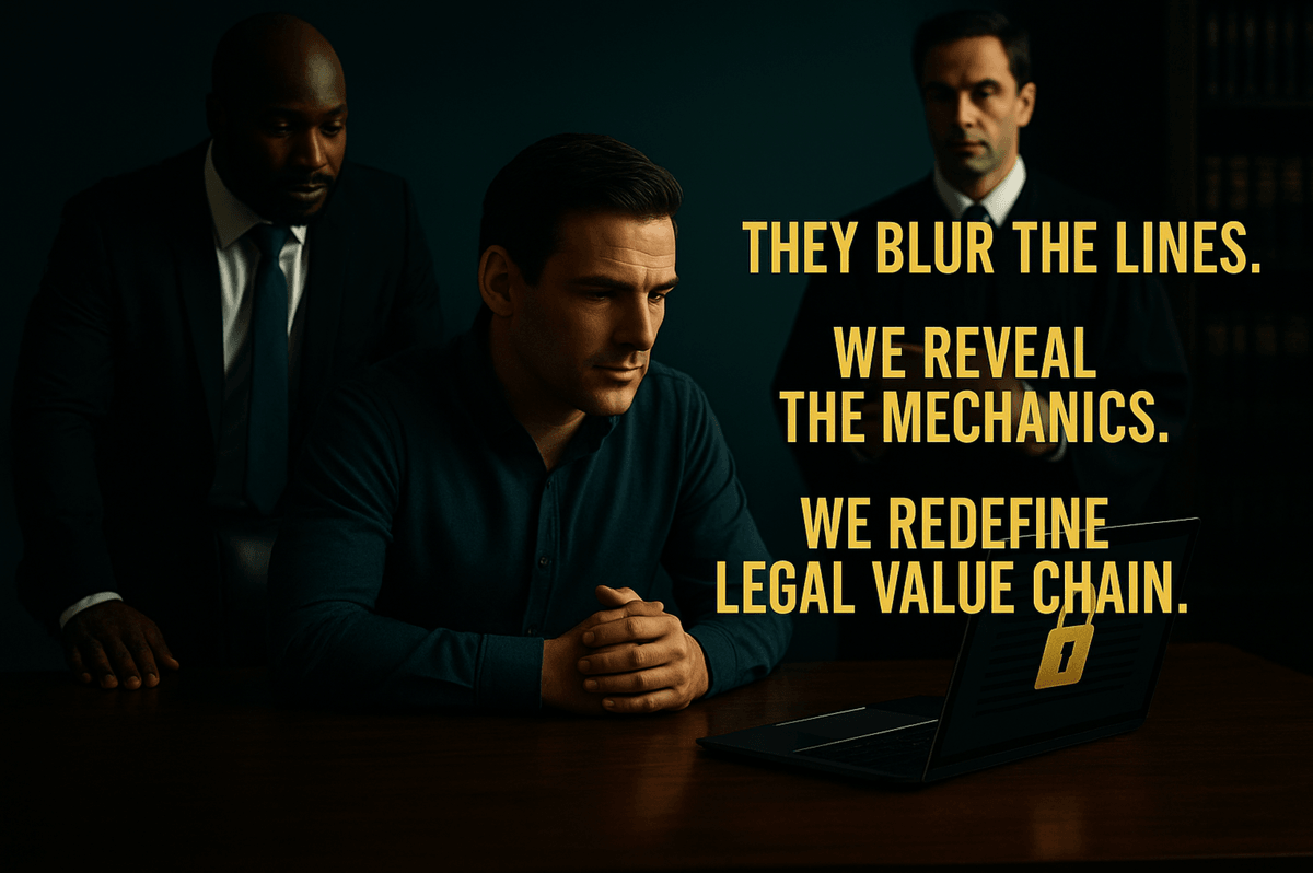 Three men in formal attire are gathered around a desk in a dimly lit office. The central figure, focused and analytical, looks at a laptop displaying a golden padlock icon. Behind him stand two professionals — one in a suit, the other holding legal documents in judicial robes. Golden text on the right reads: “THEY BLUR THE LINES. WE REVEAL THE MECHANICS. WE REDEFINE THE LEGAL VALUE CHAIN.” The image evokes TruthX’s forensic intelligence and reformative vision of justice. Three men in formal attire are gathered around a desk in a dimly lit office. The central figure, focused and analytical, looks at a laptop displaying a golden padlock icon. Behind him stand two professionals — one in a suit, the other holding legal documents in judicial robes. Golden text on the right reads: “THEY BLUR THE LINES. WE REVEAL THE MECHANICS. WE REDEFINE THE LEGAL VALUE CHAIN.” The image evokes TruthX’s forensic intelligence and reformative vision of justice.