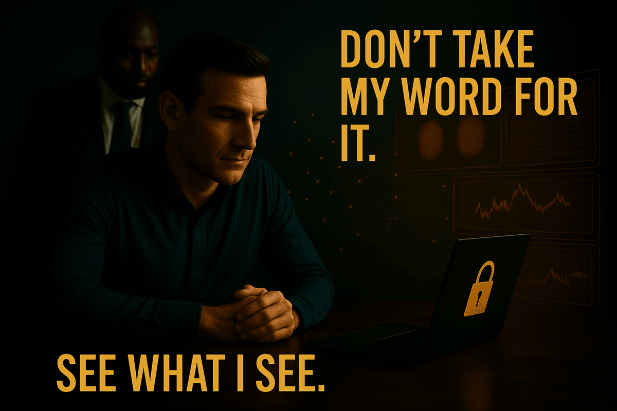 A serious man sits at a desk, gazing intently at a laptop displaying a golden padlock icon. Behind him, subtle holographic screens show data and fingerprint patterns. Golden text reads “DON’T TAKE MY WORD FOR IT.” at the top and “SEE WHAT I SEE.” at the bottom. The scene, in dark navy and gold tones, conveys TruthX’s forensic and analytical vision. A serious man sits at a desk, gazing intently at a laptop displaying a golden padlock icon. Behind him, subtle holographic screens show data and fingerprint patterns. Golden text reads “DON’T TAKE MY WORD FOR IT.” at the top and “SEE WHAT I SEE.” at the bottom. The scene, in dark navy and gold tones, conveys TruthX’s forensic and analytical vision.