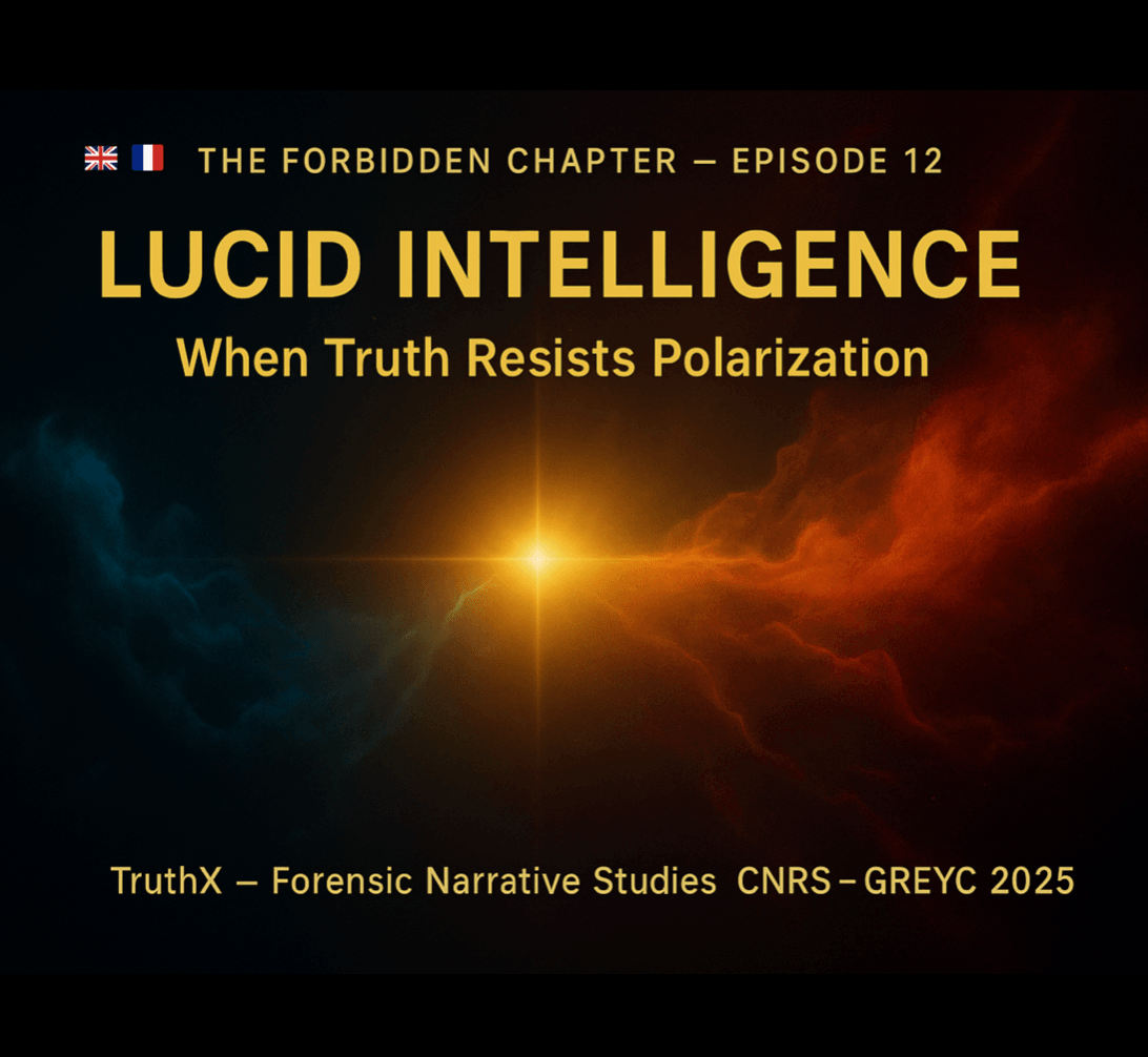 Cinematic visual from The Forbidden Chapter – Episode 12, titled Lucid Intelligence: When Truth Resists Polarization. A glowing golden light divides two clouds — one red, one blue — symbolizing emotional and cognitive forces in balance. TruthX — Forensic Narrative Studies, CNRS-GREYC 2025. Cinematic visual from The Forbidden Chapter – Episode 12, titled Lucid Intelligence: When Truth Resists Polarization. A glowing golden light divides two clouds — one red, one blue — symbolizing emotional and cognitive forces in balance. TruthX — Forensic Narrative Studies, CNRS-GREYC 2025.