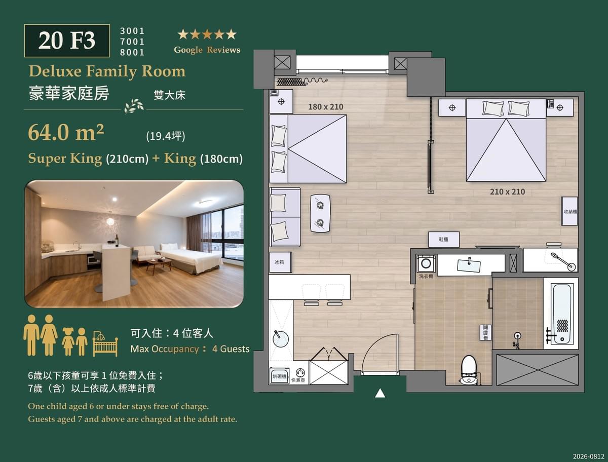 桃園南崁富立登國際大飯店20F3豪華家庭房,64平方公尺,配置一張超特大雙人床、一張特大雙人床與獨立浴缸。 桃園南崁富立登國際大飯店20F3豪華家庭房,64平方公尺,配置一張超特大雙人床、一張特大雙人床與獨立浴缸。