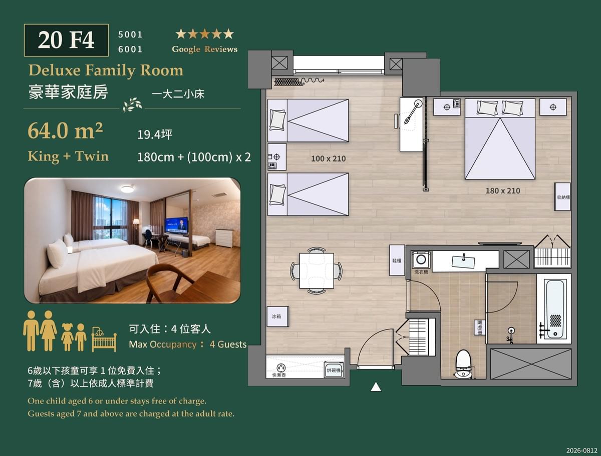 桃園南崁富立登國際大飯店20F4-A豪華家庭房,64平方公尺,配置一張特大雙人床、兩張單人床與生活家電。 桃園南崁富立登國際大飯店20F4-A豪華家庭房,64平方公尺,配置一張特大雙人床、兩張單人床與生活家電。