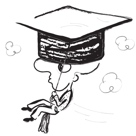 Absurdist doodle of a man wearing an enormous square academic cap. He is sitting on the tassel as he appear to float away amongst three clouds. Absurdist doodle of a man wearing an enormous square academic cap. He is sitting on the tassel as he appear to float away amongst three clouds.