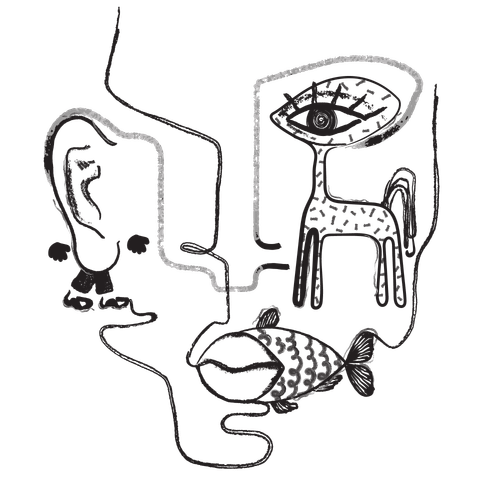 Absurdist doodle of a woman’s face as a single line drawing. Her lips turn into a fish on the right. Her right eye turns into the head of a giraffe. Her left ear has legs and hands. Absurdist doodle of a woman’s face as a single line drawing. Her lips turn into a fish on the right. Her right eye turns into the head of a giraffe. Her left ear has legs and hands.