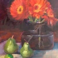 Red Flowers And Green Pears 
