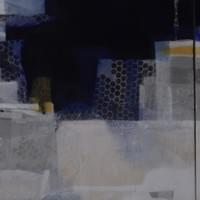 Thinking Place.   24" x 72" Triptych  Combined Medium on Canvas : Silk shantung, Textual fabric, acrylic, teabag, paper