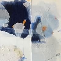 Free Mind Traveling Far.  20" x 40" Diptych  Combined Medium on Canvas : Silk shantung, fabric, acrylic, teabag, paper