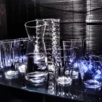 Built=in glass shelving with
