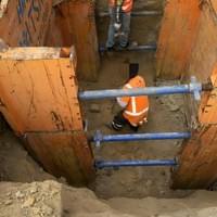 5-metre deep manhole construction using trench shoring in West Harbour, Auckland.