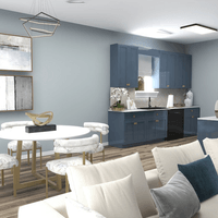 Modern dining room featuring neutral blue and white color palette and cozy furnishings. and lighting.
