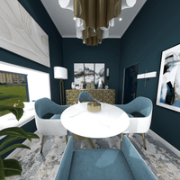 Modern dining room featuring neutral teal and gold color palette and cozy furnishings.