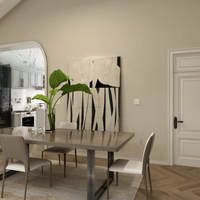 Contemporary dining room featuring neutral color palette and cozy furnishings.