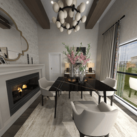 Modern farmhouse dining room featuring neutral color palette fireplace wallpaper and cozy furnishings and lighting.