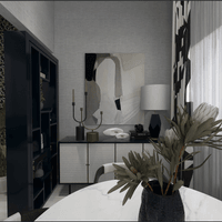 Modern dining room featuring neutral color black and white palette and cozy furnishings.