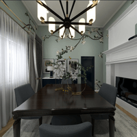 Traditional dining room featuring neutral color palette and cozy furnishings and lighting. 