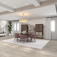 Modern dining room featuring neutral color palette and cozy furnishings.