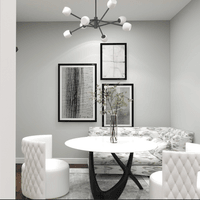 Modern dining room featuring neutral color palette and cozy furnishings.