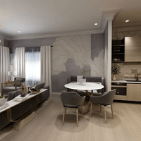 Contemporary modern dining room featuring neutral color palette wallpaper wood tones and cozy furnishings and lighting.