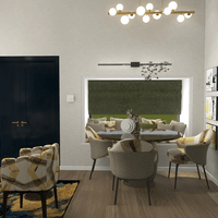 Modern dining room featuring neutral green yellow cream color palette and cozy furnishings and lighting.