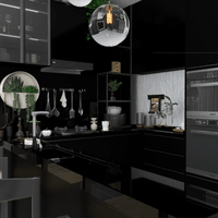 Modern kitchen featuring neutral black color palette and cozy furnishings and lighting.