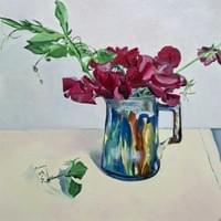 Sweet peas in a majolica vase