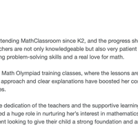 Screenshot of a parent testimonial praising a math teacher’s dedication, supportive learning environment
