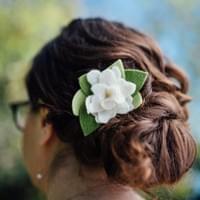 Loose bridal upstyle, contemporary and classic, felt flower accent. Bridal, wedding, upstyle, updo. Boston, Jamaica Plain, Roslindale. 