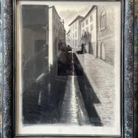 Street in Collias, France. Photo Extension, Graphite on Board.25"X31".