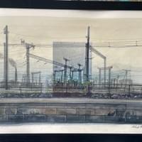 Amtrak View.  38"X26"  Framed, Mixed Media