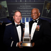 Air Force Chief of Staff Gen. David L. Goldfein and retired Gen. Lloyd Newton, the 2018 Wright Brothers Memorial Trophy winner, pose for a photo after the 71st National Aeronautics Association Wright Brothers Memorial Dinner in Washington, D.C., Dec. 14, 2018. According to a NAA press release, the trophy was created in 1948 and is presented annually to a “living American who has contributed significant public service of enduring value to aviation in the United States.” 