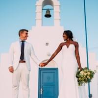 Destination wedding photo in Mykonos, Greece outside chapel