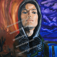 "Michael Jackson The Artivist" 72"x60 "oil, phosphorus paint on canvas. This piece is a glimpse of an artivist readying himself to challenge the turbulent world we experience by flooding it with high vibrational energy from a dimension where the dominant state of his consciousness resides. Inspired by the late King of Pop’s motivation to write the story depicted in the “BAD” video as well as the singer’s masterpiece, “Earth Song”,  this piece offers an opportunity for witnesses to meditate on what it means to choose your authentic self over normalized chaos. The main figure is depicted in the position just as he stood at a crossroads in the Bad video, awaiting an unsuspecting target he has been assigned to victimize. At that moment, the artivist has to choose to either succumb to societal norms which champion barbarism, or abandon the idea to take on a violent persona in order to fit in. Ultimately he chooses the morality of his core self and is able to overpower the combative forces pressuring him to join an agenda that is out of alignment with who he is. He accomplishes this without traditional weaponry preferring to use what he knows best…his art.   