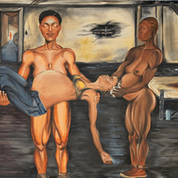 "Ancestral Mothers Heal Their Daughters" 2022, oil on canvas 48"x60" the second installment of the “Ancestral Mothers Rescue Their Daughters” series. This piece is a continuation of black women who didn’t survive the middle passage coming to the aid of their descendants who’ve fallen prey to sociological brutality and oppression in today’s version of America. They’ve entered a condemned dwelling occupied by a pregnant woman who is suffering from addiction, and are engaged in a healing ritual. The broken shackles at the ankles of the warrior mothers, identifies them as ancestors from the Trans-Atlantic slave trade. Their modern day hairstyles and makeup, speaks to their consciousness of our present day customs. In this, the awareness that they’ve never left our side is communicated. The background includes an additional figure, possibly searching the structure for more people in need. The imagery of alcohol bottles and the stained mattress is a reflection of the setting where the artist’s mother’s remains were discovered.