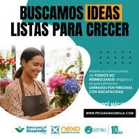 Banner promocional con la frase: 'BUSCAMOS IDEAS LISTAS PARA CRECER'. Mujer con audífono. FONDOS NO REEMBOLSABLES