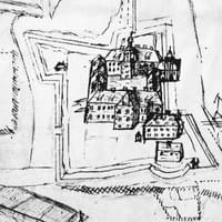 Zamek w Krośnie Odrzańskim, widok od północy na planie fortyfikacji Krosna z okresu wojny 30-letniej (fragment), mapa, rysunek piórem (?), XVII w.