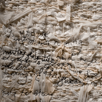 "...weird robot movies." Embroidery and handwoven cloth. Cloth was woven at the Dallas Museum of Art in conjunction with community response project, “Woven Records” 47” x 53” x 5.5”