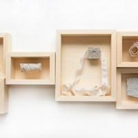 (Detail) Remnant Series, This series of 30 boxed works becomes the resting place for remains from my studio. Mixed media objects in aspen boxes, dimensions vary. 