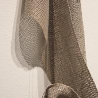 (Detail) Re-Collection II. Aluminum, silver, handwoven cotton, natural dye (cinnamon) 74” x 27” x 5” 