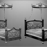Real silver handmade bed crowns, decoupaged marquetry style beds