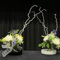 White & black suiban + grids, bleached mulberry branches, baby’s breath, Solomon’s seal, fuji mums, lilies, iris