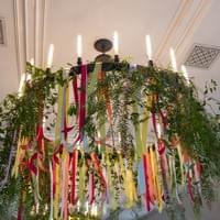 Textural chandelier design with colorful accents, grand design