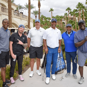 Willie Gault, Josh Miranda, Doug Pederson, Marcus Allen, Ozzie Smith and Sterling Sharpe gear up for the Celebrity Skills Challenge