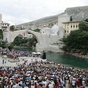 The crowd awaits the diving spectacle in Bosnia
