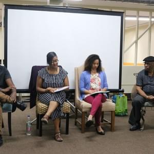 Workshop Panelists from left to right:  Yvorn "Doc" Aswad - 4th Year UCLA Medical Student training to be a Psychiatrist; Marguerite Alexis Ferrera - NAMI Urban LA's School Based Programs Outreach Coordinator + Mental Health Advocate + Musical Artist; Katrina Long - Holistic Clinical Social Worker & Founder of Manifesting M.E. Wellness; Harold Turner - NAMI Urban LA's Director of Programs.