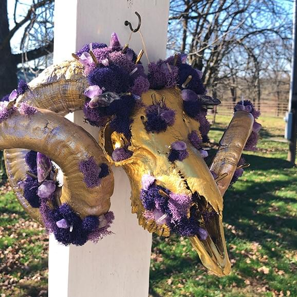 Moss and Crystal Adorned Golden Ram Skull