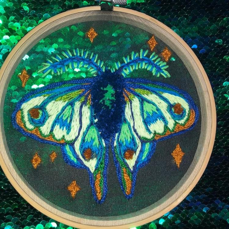 embroidered moths