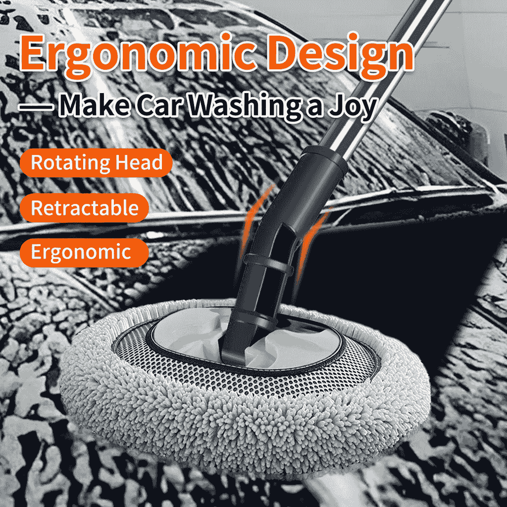 Universal Retractable Car Wash Mop — 150cm Extended Curved Rod & 180° Rotating Head (1Mop+2Pads)