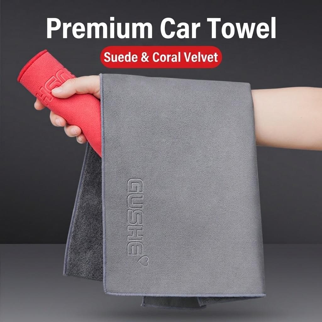 Premium Suede & Coral Velvet Double-Sided Car Wash Towel (30x60cm)