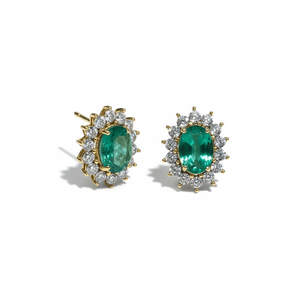 Aretes Esmeraldas con Halo de Diamantes
